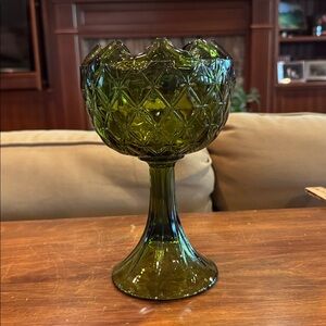 Vintage MCM Indiana Glass Avocado Green  Footed Duette Dish Quilted Compote Bowl